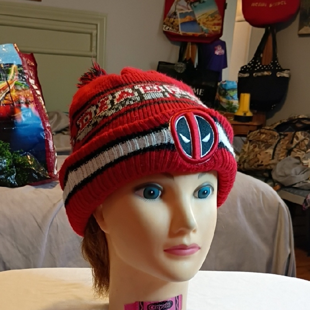 3/$25 Marvel Deadpool Red Knit Hat with Logo Patch m